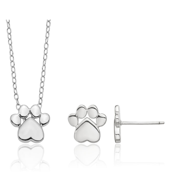 925 Sterling Silver Paw Print Pet Post Stud Earring Chain Necklace Set