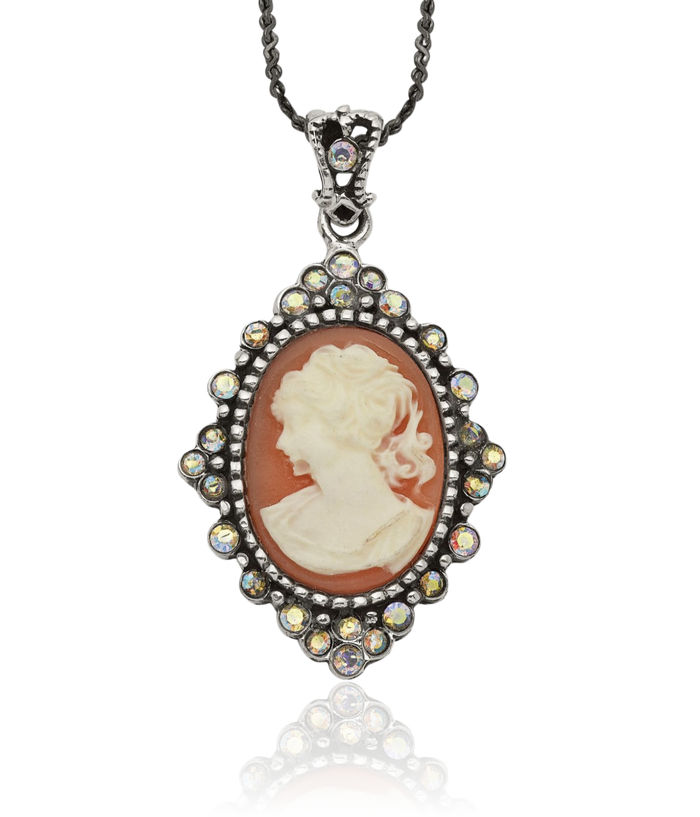 925 Sterling Silver Vintage Peach Cameo Rhinestone Crystals Chain Necklace