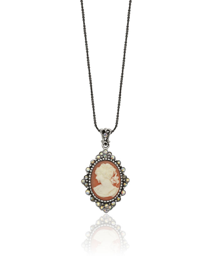 925 Sterling Silver Vintage Peach Cameo Rhinestone Crystals Chain Necklace