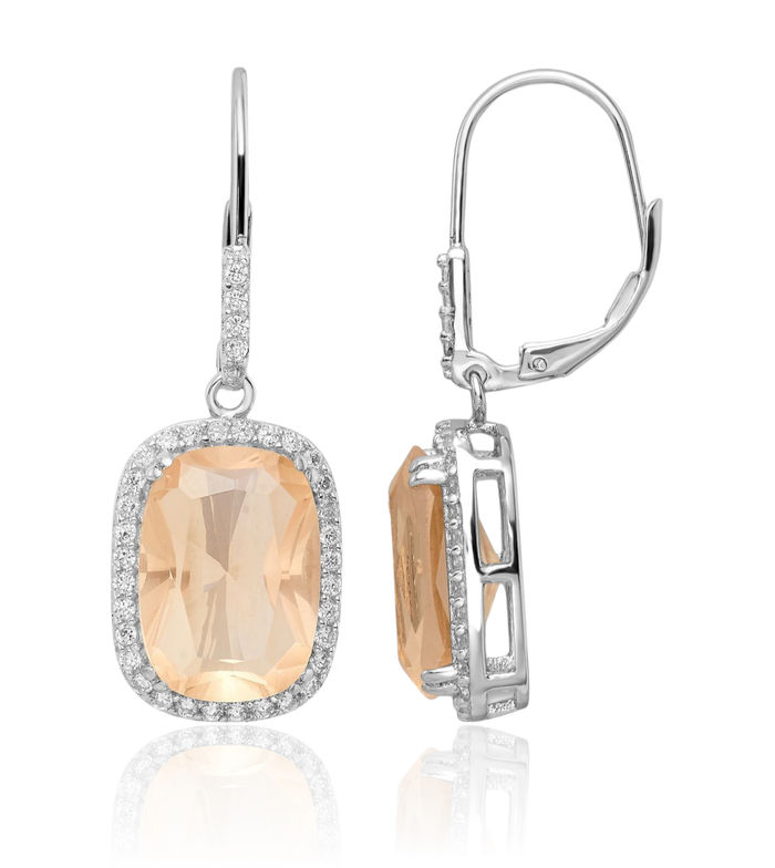 925 Sterling Silver Peach Cushion-Cut Cubic Zirconia CZ White Halo Round Drop Dangle Earrings Gemstone