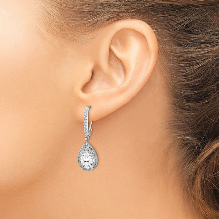 925 Sterling Silver Cut Cubic Zirconia CZ Halo Round Drop Dangle Earrings Pear Teardrop Gemstone