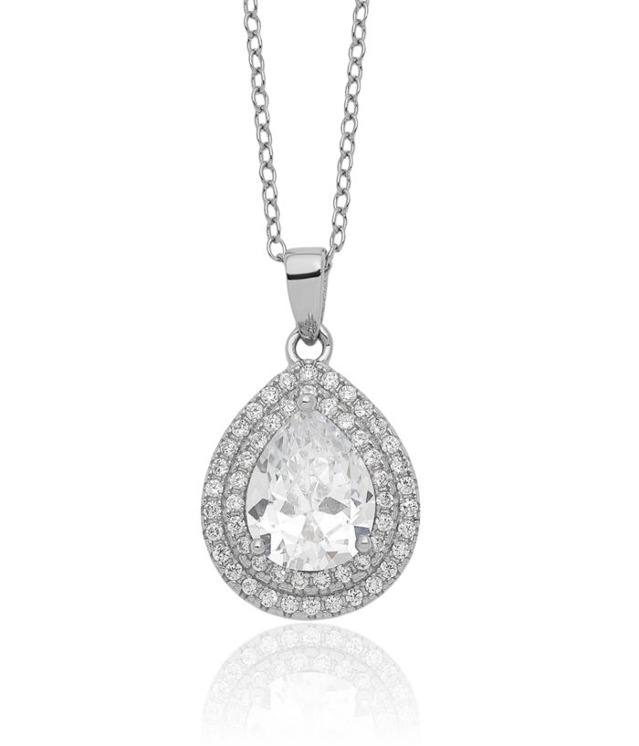 925 Sterling Silver Pear Cubic Zirconia CZ Double Halo Round Necklace Chain