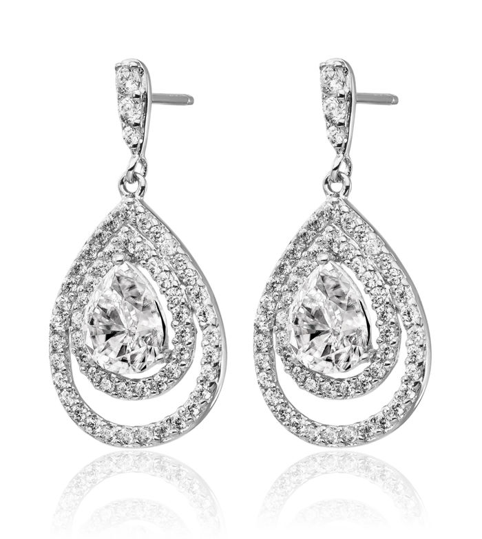 925 Sterling Silver Pear Cubic Zirconia CZ Double Halo Round Post Drop Dangle Earrings