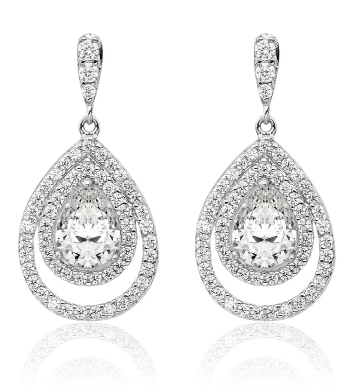 925 Sterling Silver Pear Cubic Zirconia CZ Double Halo Round Post Drop Dangle Earrings