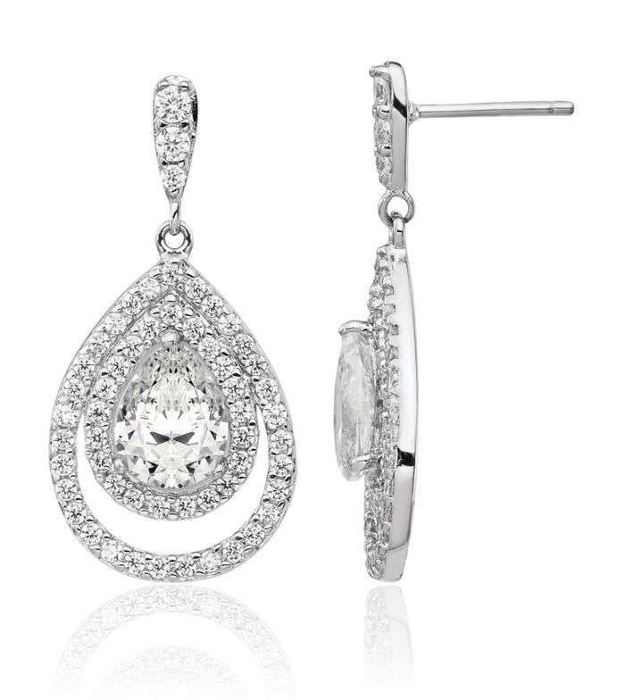 925 Sterling Silver Pear Cubic Zirconia CZ Double Halo Round Post Drop Dangle Earrings