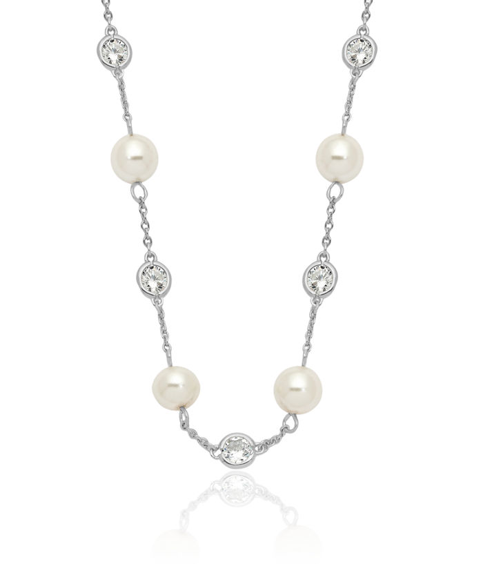 925 Sterling Silver Pearl Cubic Zirconia CZ Station Necklace Chain