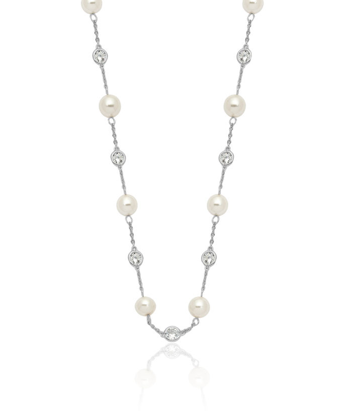 925 Sterling Silver Pearl Cubic Zirconia CZ Station Necklace Chain