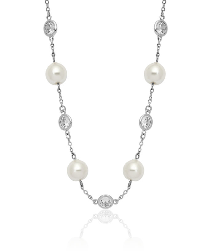 925 Sterling Silver Pearl Cubic Zirconia CZ Station Necklace Chain