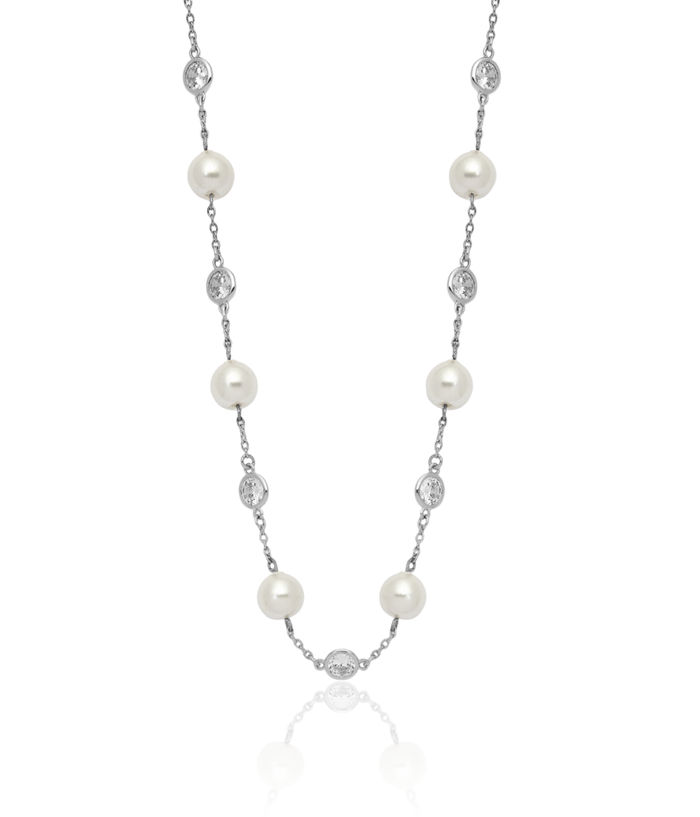 925 Sterling Silver Pearl Cubic Zirconia CZ Station Necklace Chain