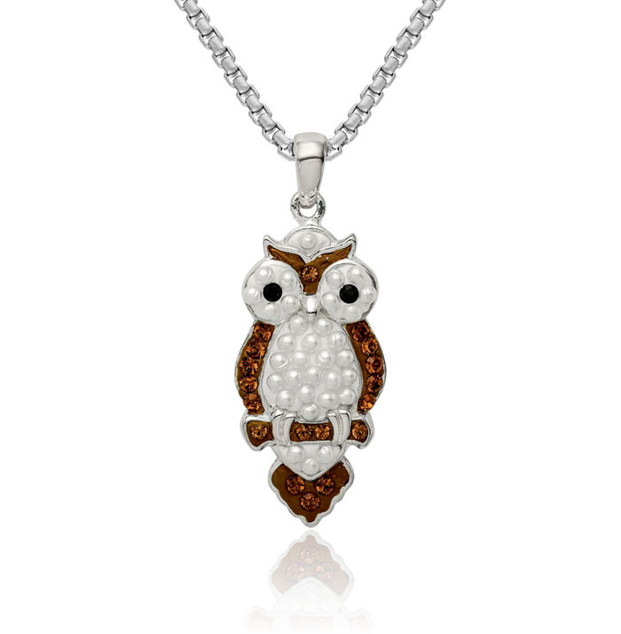 925 Sterling Silver Pearl Preciosa Rhinestone Crystals Owl Symbol of Wisdom Bird Necklace Chain Pendant Charm