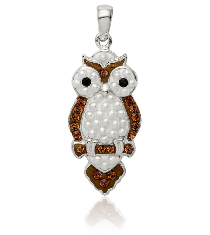 925 Sterling Silver Pearl Preciosa Rhinestone Crystals Owl Symbol of Wisdom Bird Necklace Chain Pendant Charm