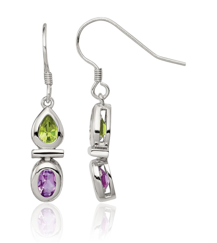 925 Sterling Silver Green Peridot Purple Amethyst Drop Dangle Earrings Pear Teardrop Gemstone