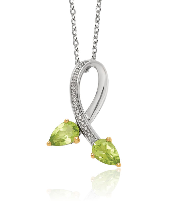 925 Sterling Silver Green Peridot Diamond Cancer Awareness Ribbon Necklace Chain