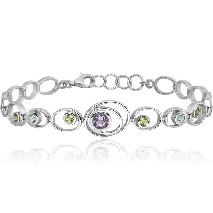 925 Sterling Silver Green Peridot Swiss Blue Topaz Purple Amethyst Chain Gemstone Tennis Bracelet