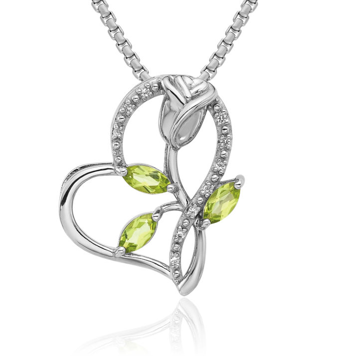 925 Sterling Silver Green Peridot White Topaz Rose Flower Heart Floating Chain Slide Pendant Necklace Charm