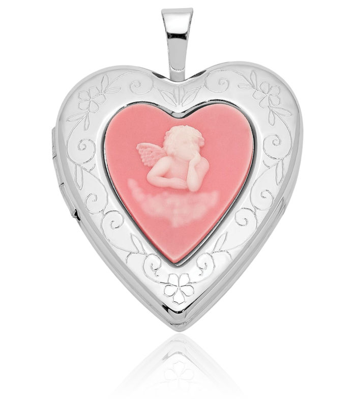 925 Sterling Silver Pink Agate Guardian Angel Wings Cameo Personalized Photo Locket Necklace Protect Us Cherub Pendant Religious Charm