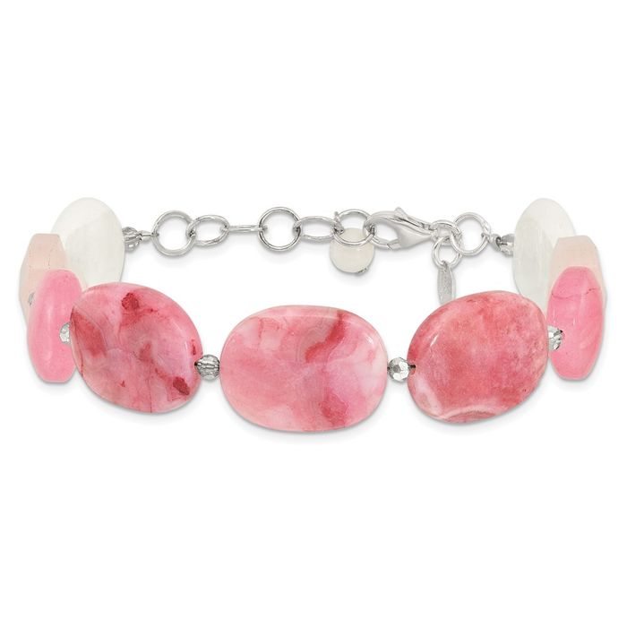 925 Sterling Silver Pink Agate Jade Rose Quartz Rhinestone Crystals Chain Bracelet