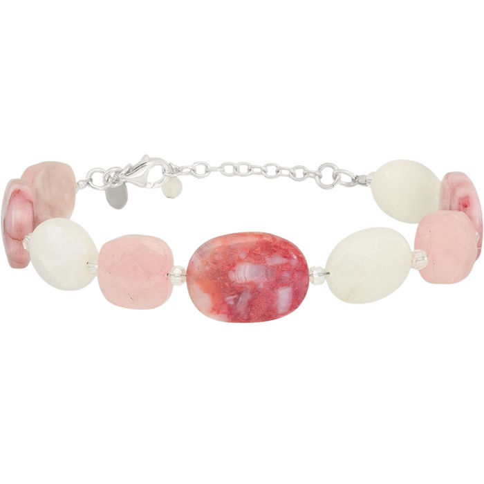 925 Sterling Silver Pink Agate Quartz Jade Rhinestone Crystals Chain Bracelet