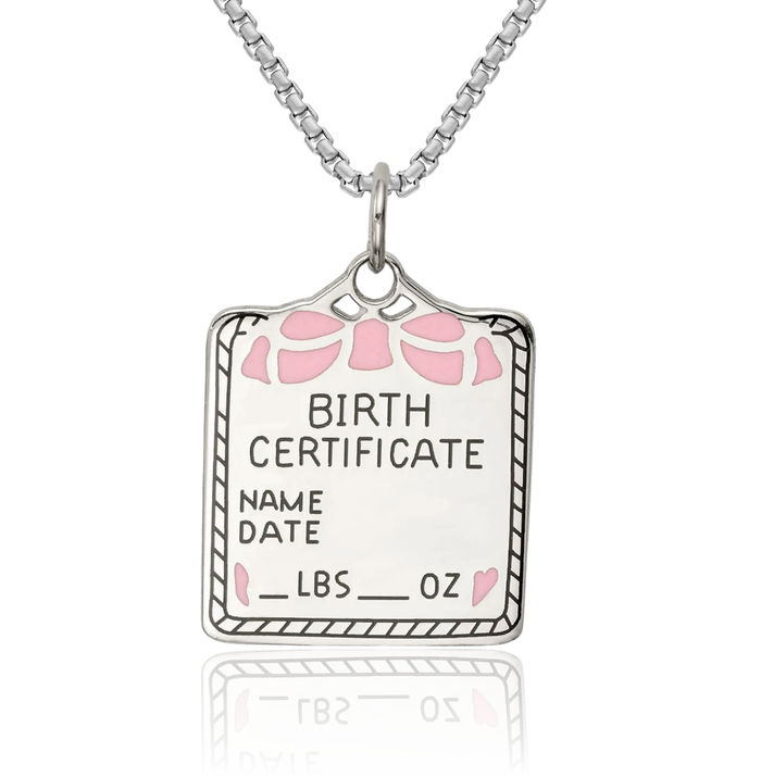 925 Sterling Silver Pink Birth Certificate Necklace Chain Pendant Charm