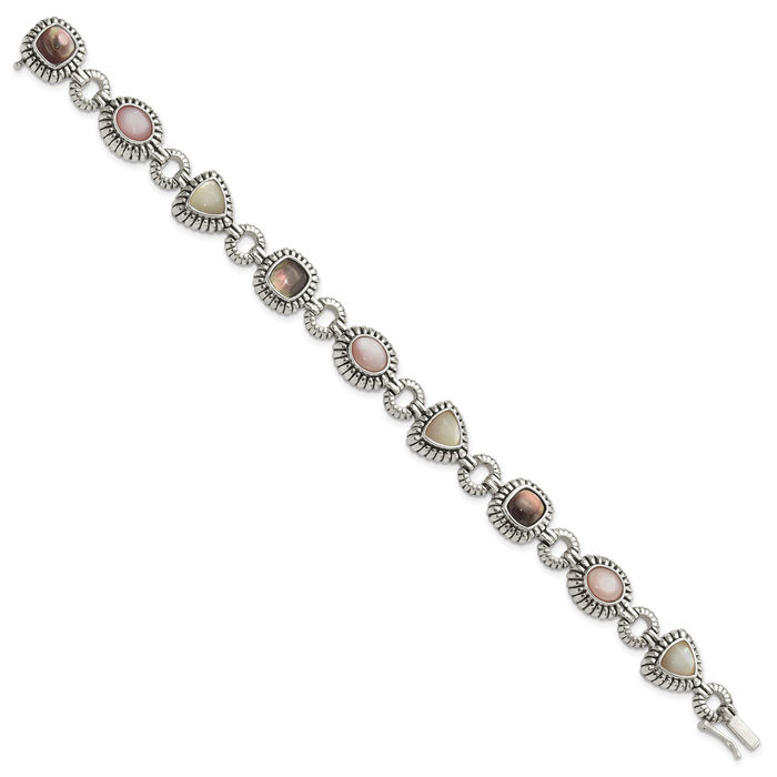 925 Sterling Silver Vintage Pink/black/white Mother of Pearl Chain Gemstone Tennis Bracelet