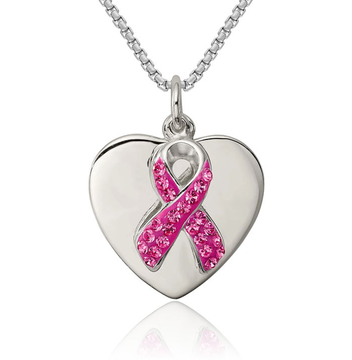 925 Sterling Silver Pink Breast Cancer Awareness Ribbon Heart Necklace Love Pendant Charm