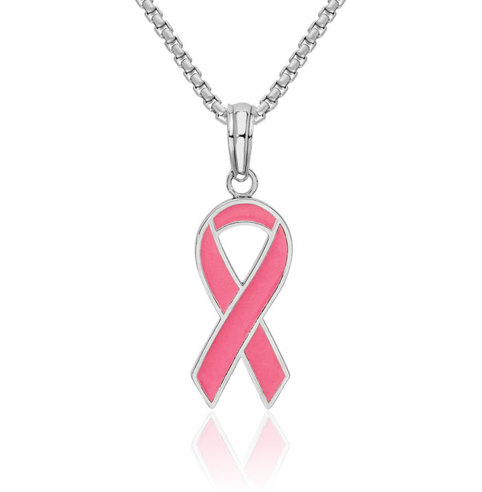 925 Sterling Silver Pink Breast Cancer Awareness Ribbon Necklace Chain Pendant Charm