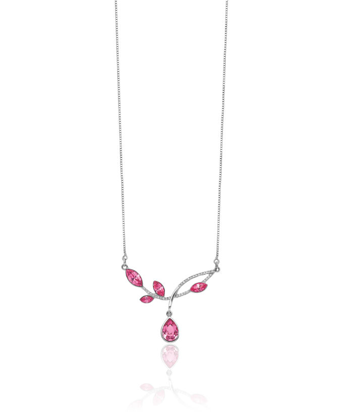 925 Sterling Silver Pink Rhinestone Crystals Branch Chain Bar Necklace