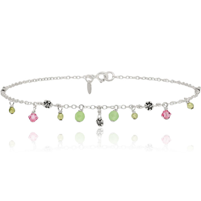 925 Sterling Silver Pink Rhinestone Crystals Green Quartz Peridot Beads Anklet Summer Beach Foot Ankle Bracelet