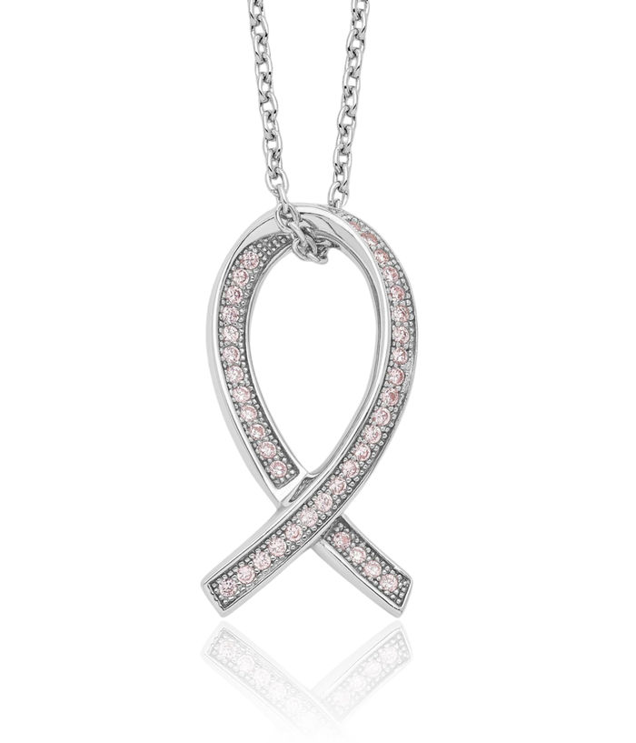 925 Sterling Silver Pink Cubic Zirconia CZ Breast Cancer Awareness Ribbon Chain Necklace