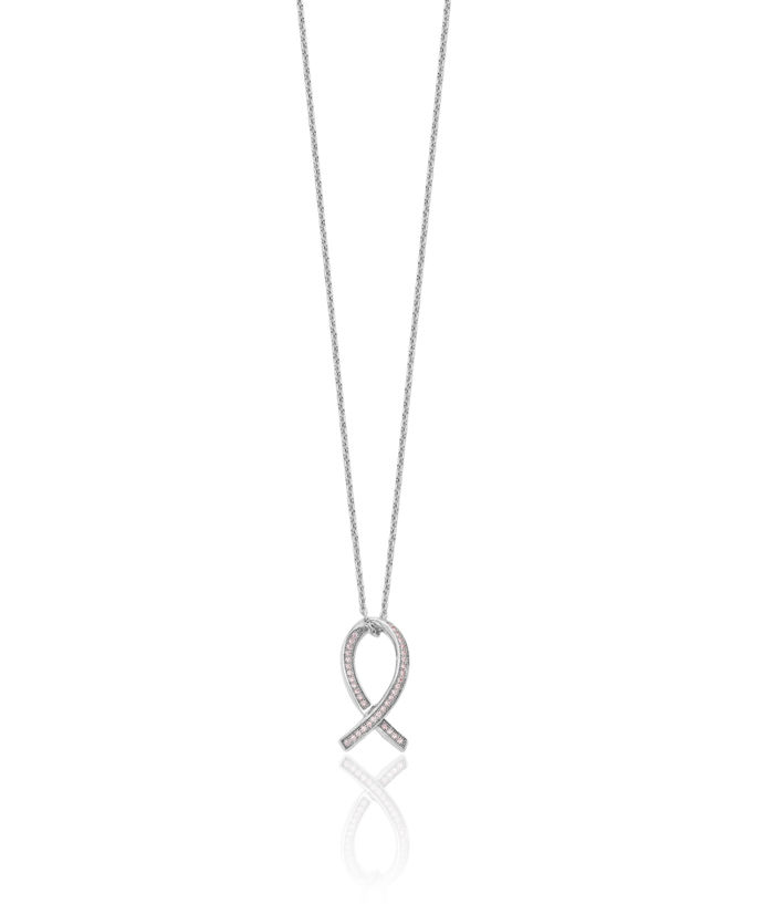 925 Sterling Silver Pink Cubic Zirconia CZ Breast Cancer Awareness Ribbon Chain Necklace