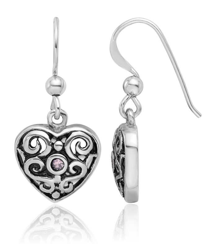 925 Sterling Silver Vintage Pink Cubic Zirconia CZ Antique Filigree Heart Drop Dangle Earrings