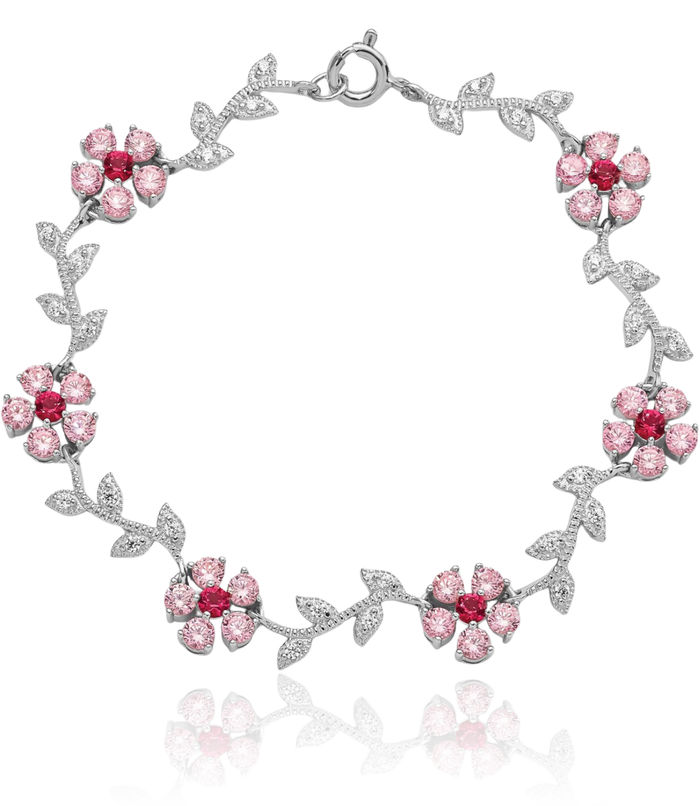 925 Sterling Silver Pink Cubic Zirconia CZ Flower Chain Bracelet