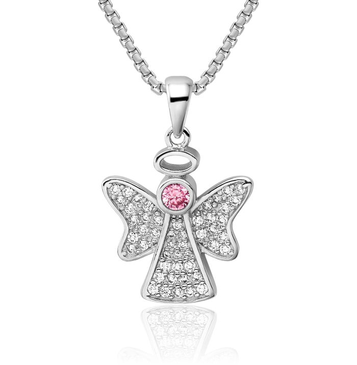 925 Sterling Silver Pink Cubic Zirconia CZ Guardian Angel Wings Necklace Chain Pendant Charm