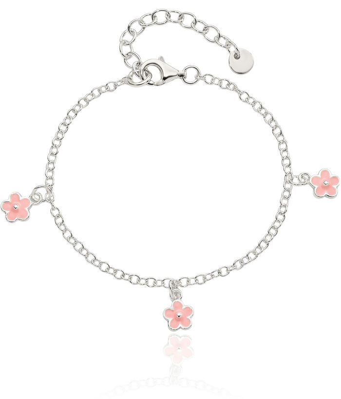 925 Sterling Silver Pink Flowers Chain Charm Bracelet