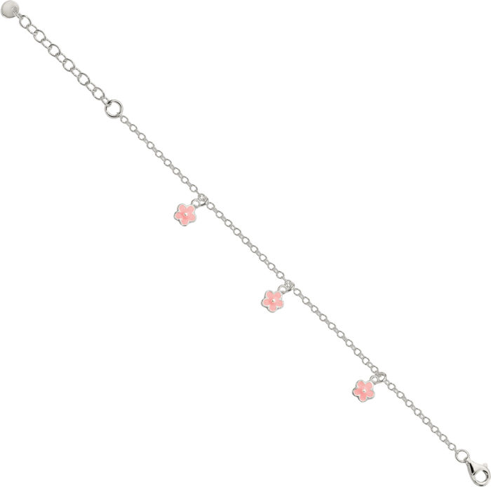 925 Sterling Silver Pink Flowers Chain Charm Bracelet