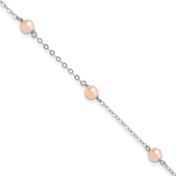 925 Sterling Silver 4mm Pink Round Freshwater Cultured Pearl 3 Station Chain Bracelet