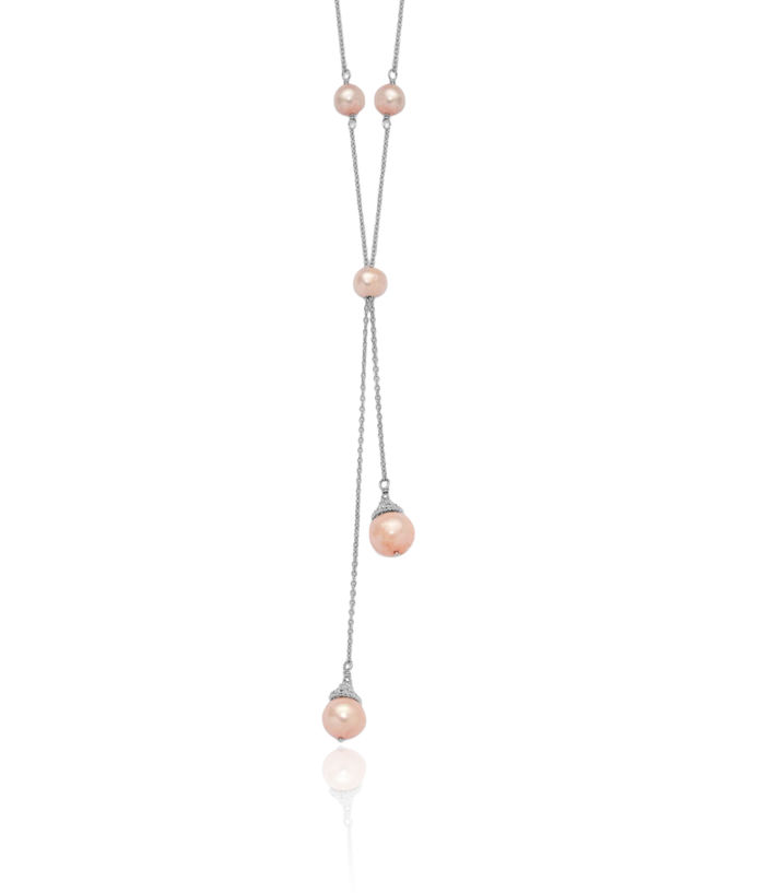 925 Sterling Silver Pink Freshwater Cultured Pearl 9 Station Necklace Chain