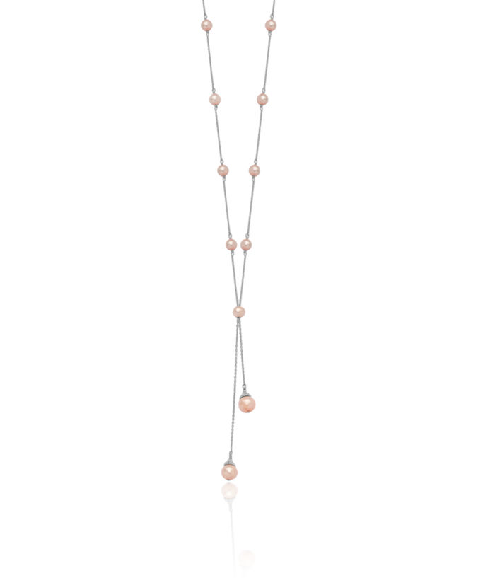 925 Sterling Silver Pink Freshwater Cultured Pearl 9 Station Necklace Chain