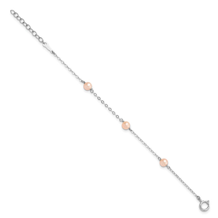 925 Sterling Silver 4mm Pink Round Freshwater Cultured Pearl 3 Station Chain Bracelet