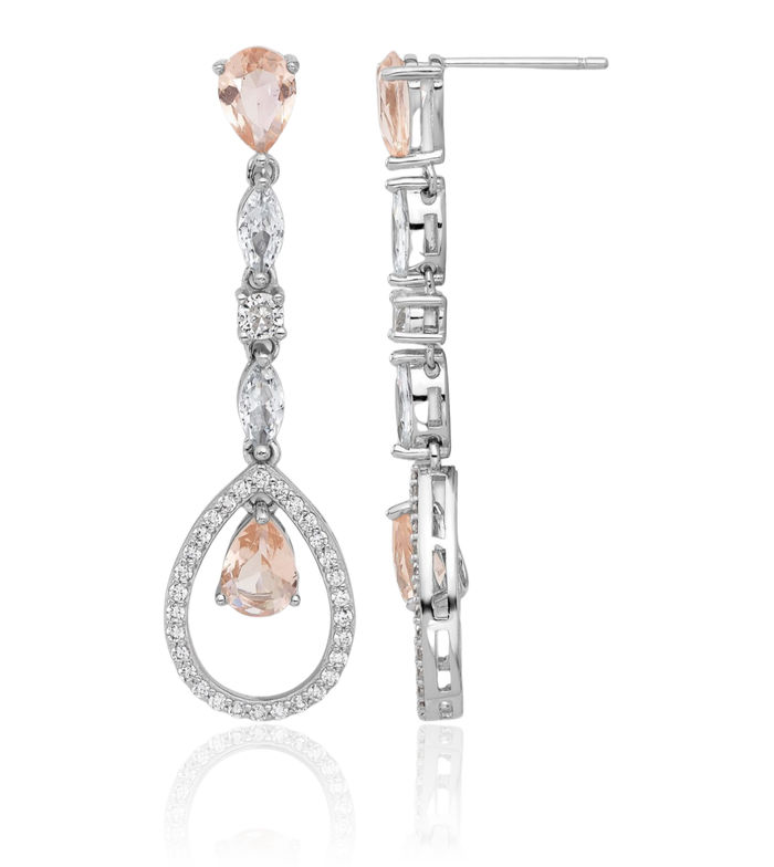 925 Sterling Silver Pink Morganite White Marquise Cut Cubic Zirconia CZ Teardrop Post Drop Dangle Earrings Pear Gemstone