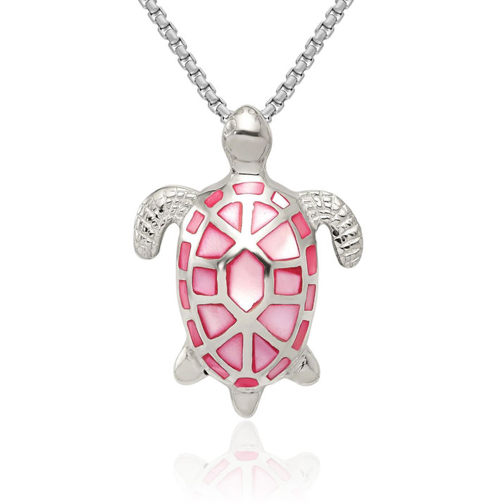 925 Sterling Silver Pink Mother of Pearl Sea Turtle Slide Chain Necklace Pendant Charm