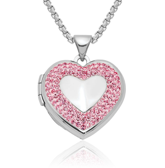 925 Sterling Silver Pink Preciosa Rhinestone Crystals Heart Personalized Photo Locket Necklace Picture Pendant Charm