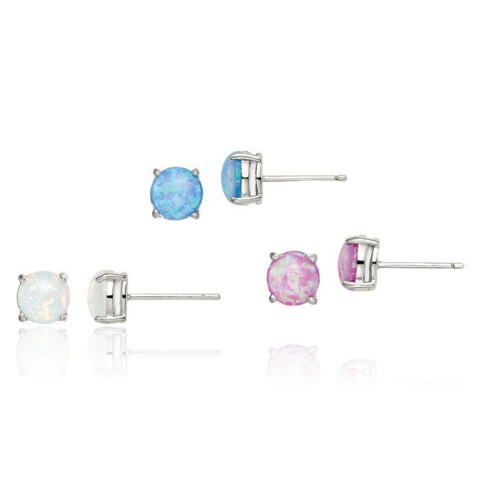 925 Sterling Silver Pink White Blue 7mm Round Lab Opal 3 Pair Set of Studs Gemstone Earrings