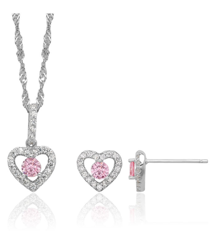 925 Sterling Silver Pink White Cubic Zirconia CZ Heart Necklace Chain Stud Earrings Set