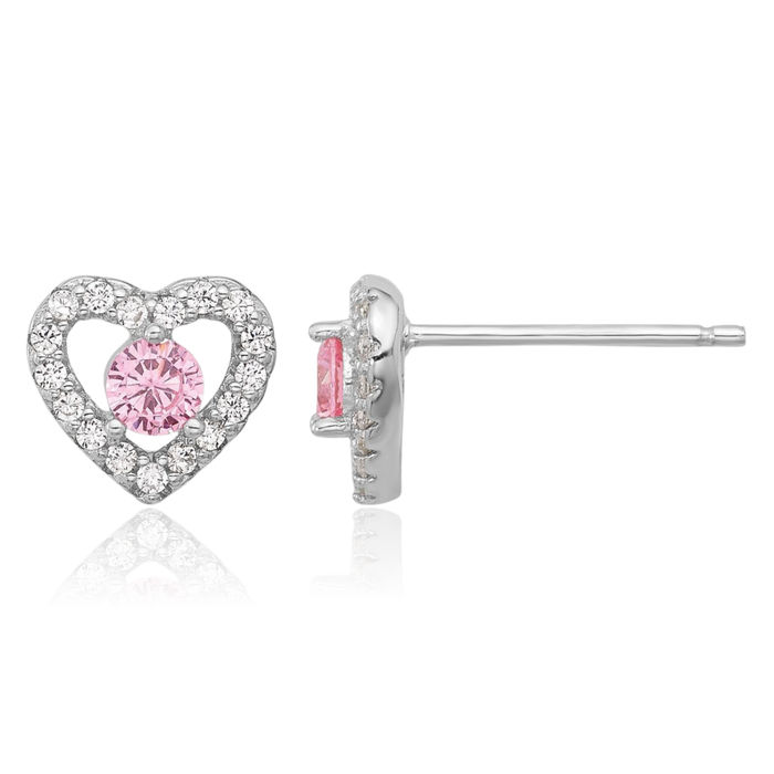 925 Sterling Silver Pink White Cubic Zirconia CZ Heart Necklace Chain Stud Earrings Set