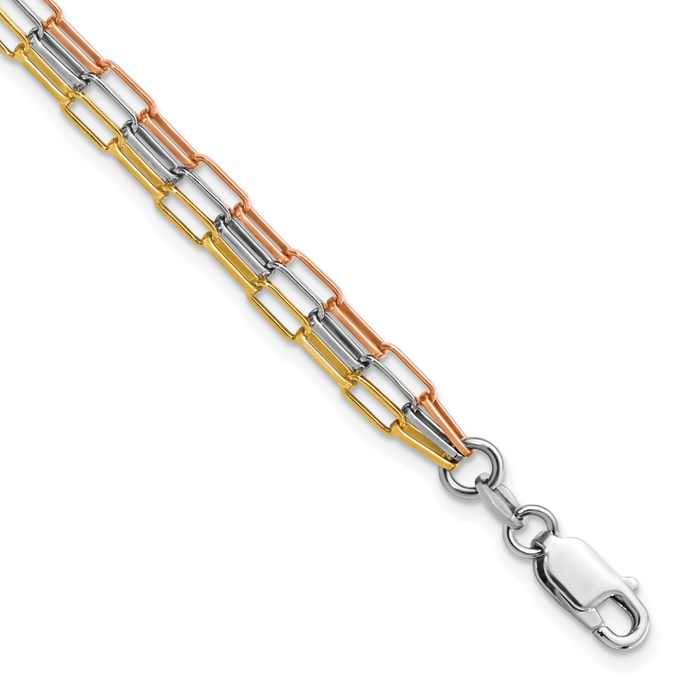 925 Sterling Silver Rose Yellow Tone Paperclip Link 3 Strand Chain Bracelet