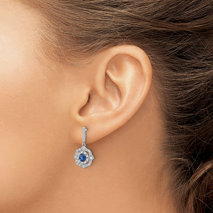 925 Sterling Silver Blue Glass Cubic Zirconia CZ Vintage Drop Dangle Earrings
