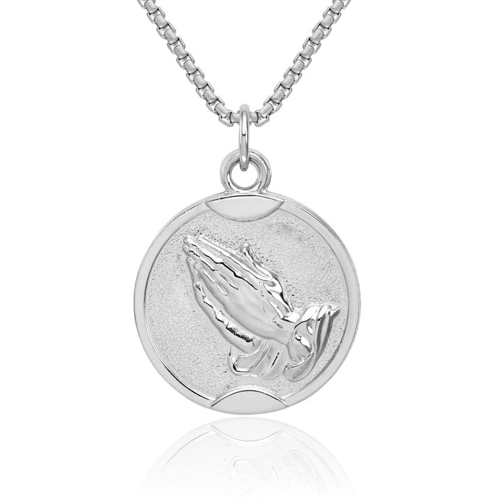 925 Sterling Silver Jesus Christ Praying Hands Lord Serenity Prayer Back Medal Necklace Religious Chain Pendant Christian Faith Charm