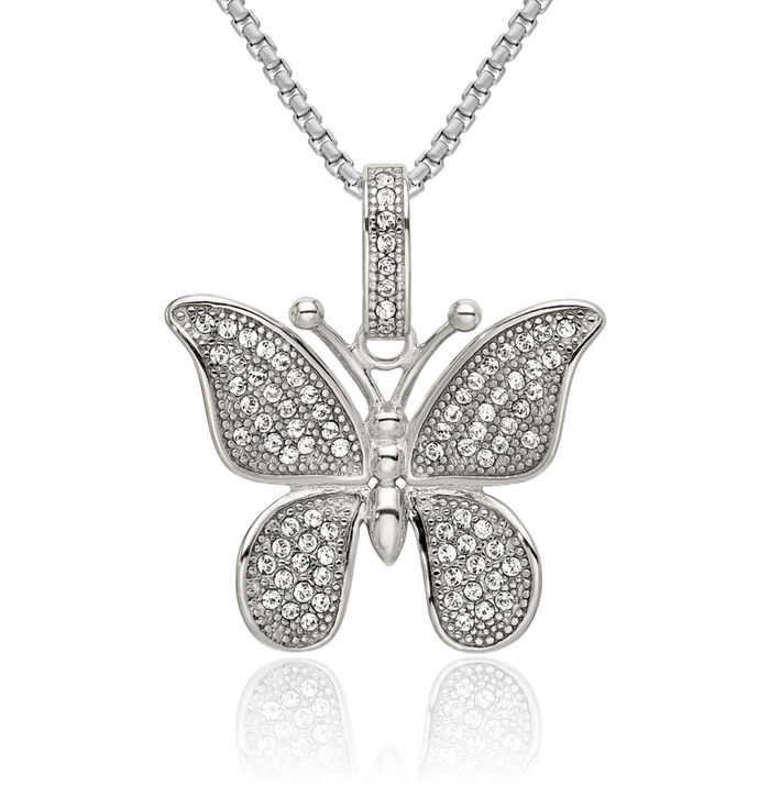 925 Sterling Silver Preciosa Rhinestone Crystals Butterfly Wings Necklace Chain Pendant Charm