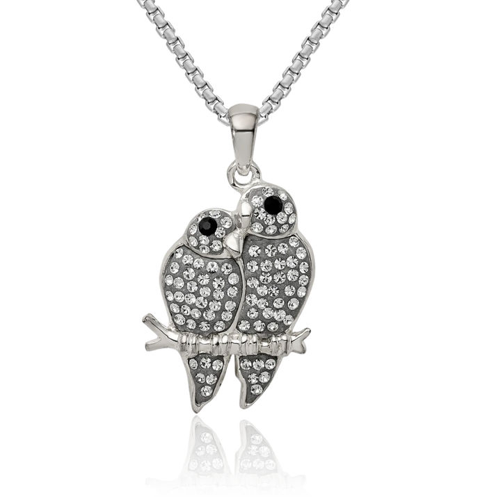 925 Sterling Silver Preciosa Rhinestone Crystals Parrot Couple Necklace Bird Pendant Charm